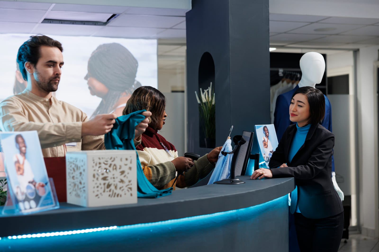 Staff assisting customers at a busy front desk